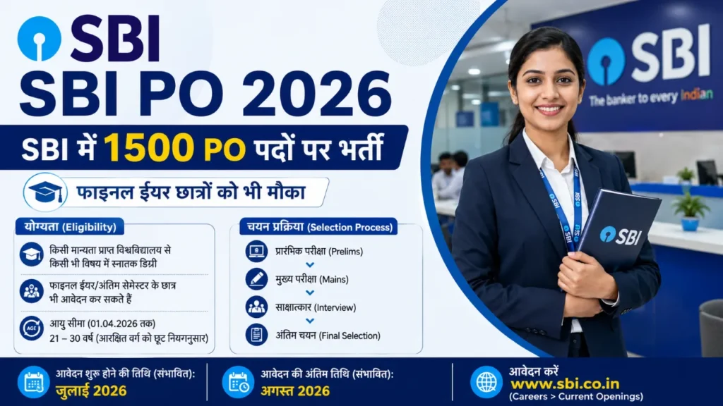 SBI PO 2026: SBI में 1500 PO पदों पर भर्ती, फाइनल ईयर छात्रों को भी मौका, जानें योग्यता और आवेदन प्रक्रिया