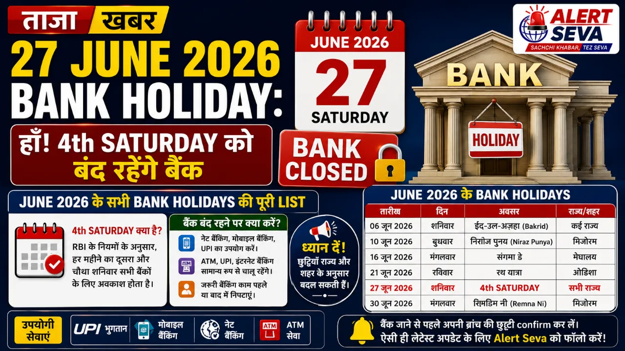 27 June 2026 Bank Holiday: 27 जून को कहां और क्यों बंद रहेंगे बैंक? यहां जानें 4th Saturday को बंद रहेंगे बैंक June 2026 के सभी Bank Holidays की पूरी List