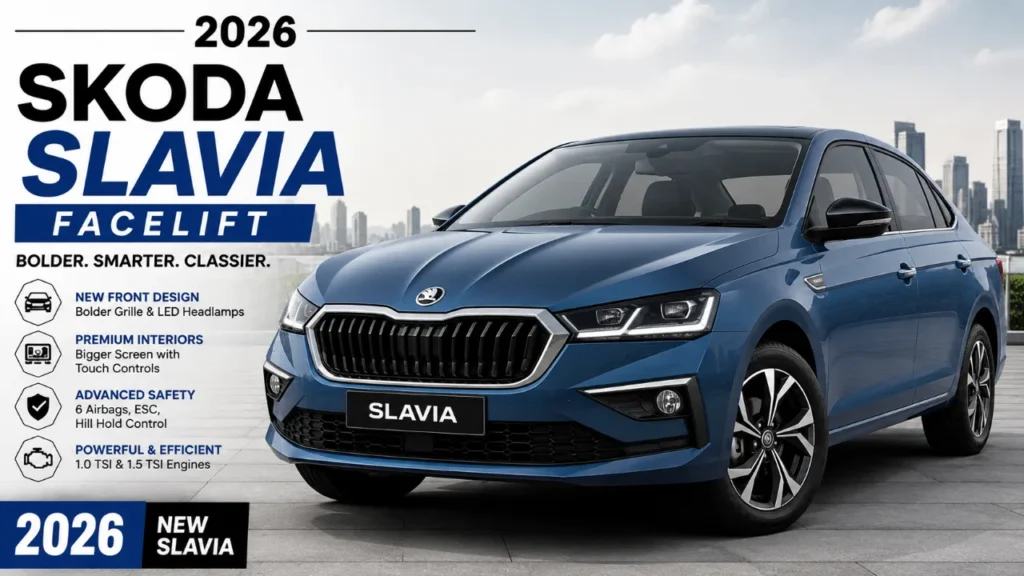 2026 Skoda Slavia Facelift 17 अगस्त को नए डिजाइन और 8-स्पीड गियरबॉक्स के साथ आ रही है स्कोडा की धांसू सेडान