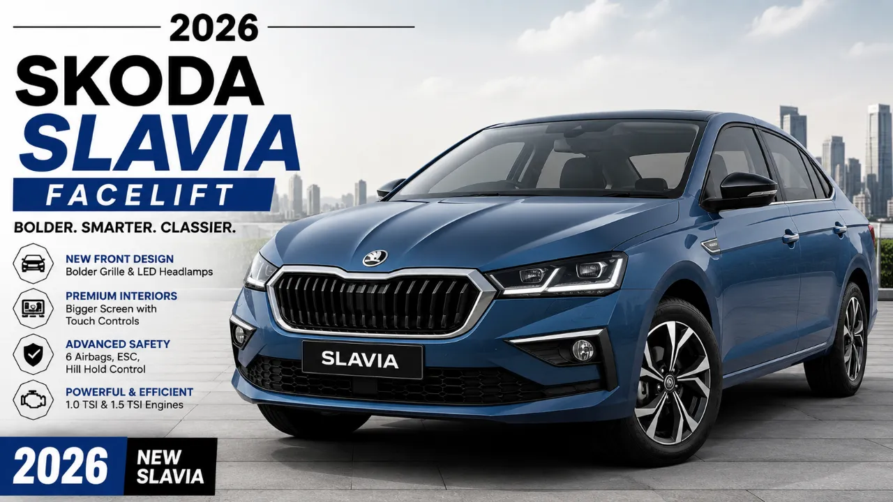 2026 Skoda Slavia Facelift 17 अगस्त को नए डिजाइन और 8-स्पीड गियरबॉक्स के साथ आ रही है स्कोडा की धांसू सेडान