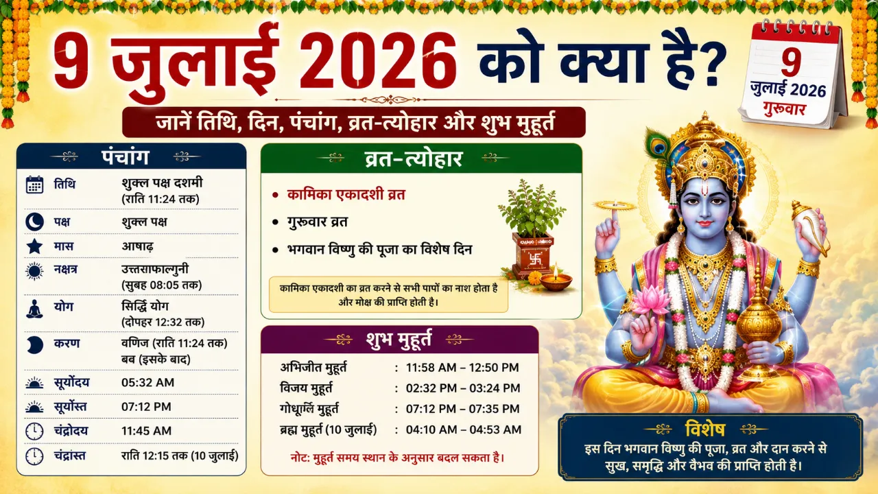 9 July 2026 Ko Kya Hai 9 जुलाई 2026 को क्या तिथि और दिन है जानें पंचांग, व्रत-त्योहार और शुभ मुहूर्त