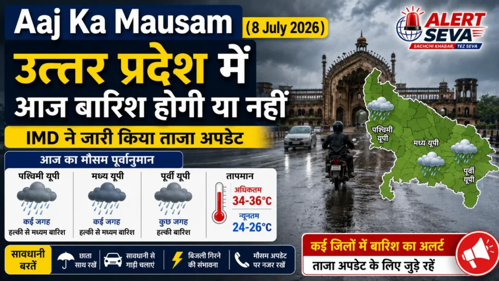 Aaj Ka Mausam(8 July 2026) उत्तर प्रदेश में आज बारिश होगी या नहीं, मेरठ, शाहजहाँपुर और एटा में मौसम का हाल