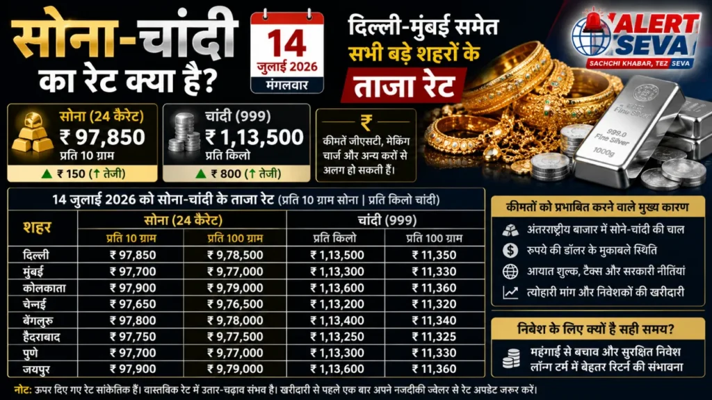 Gold and Silver ka rate kya hai 14 जुलाई 2026 को सोना-चांदी के भाव, दिल्ली-मुंबई समेत सभी बड़े शहरों के ताजा रेट