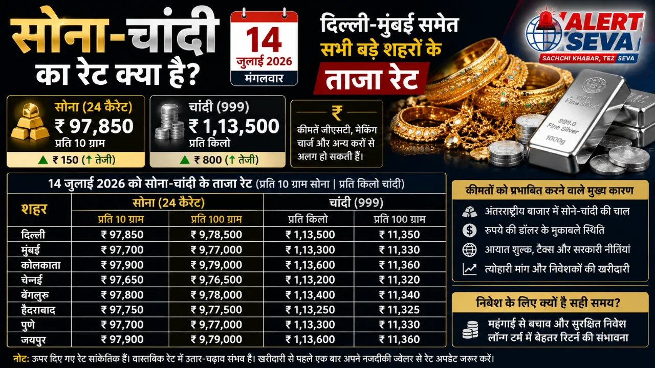 Gold and Silver ka rate kya hai 14 जुलाई 2026 को सोना-चांदी के भाव, दिल्ली-मुंबई समेत सभी बड़े शहरों के ताजा रेट